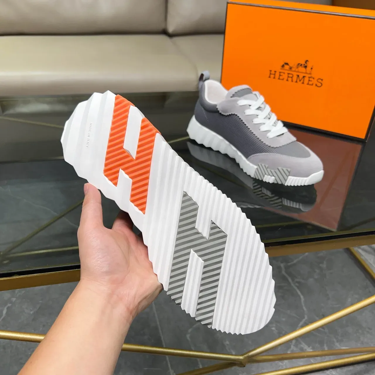 Hermès Gray and Orange Lifestyle Sneakers 3