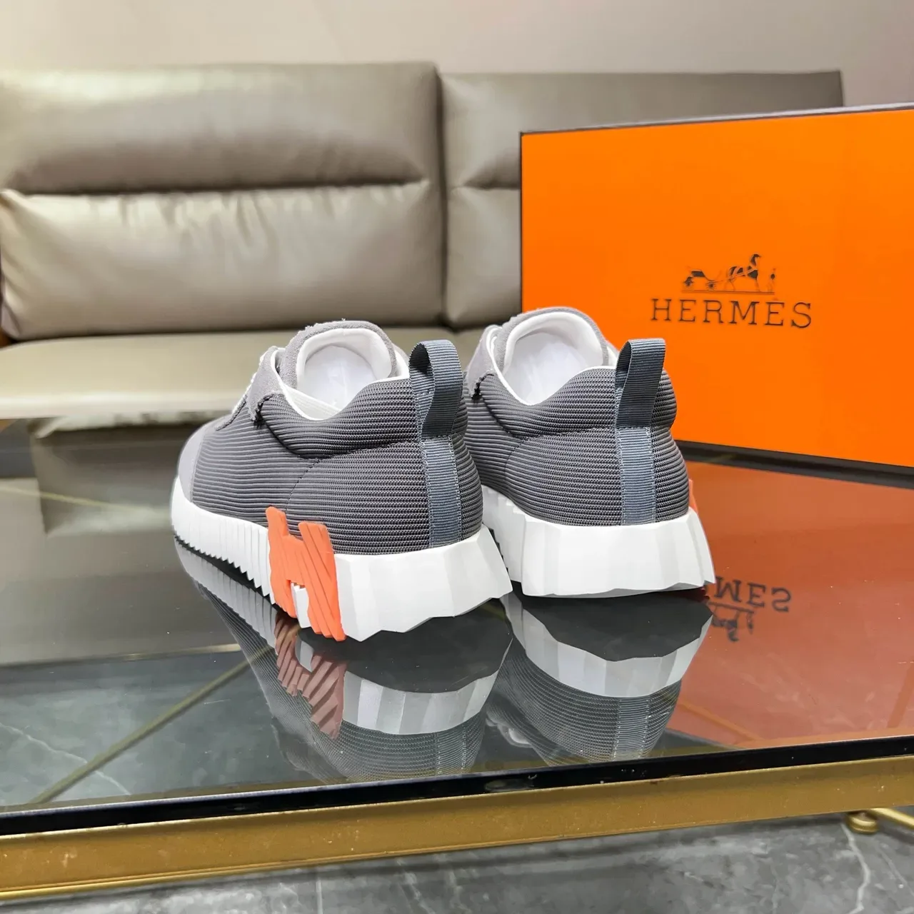 Hermès Gray and Orange Lifestyle Sneakers 4
