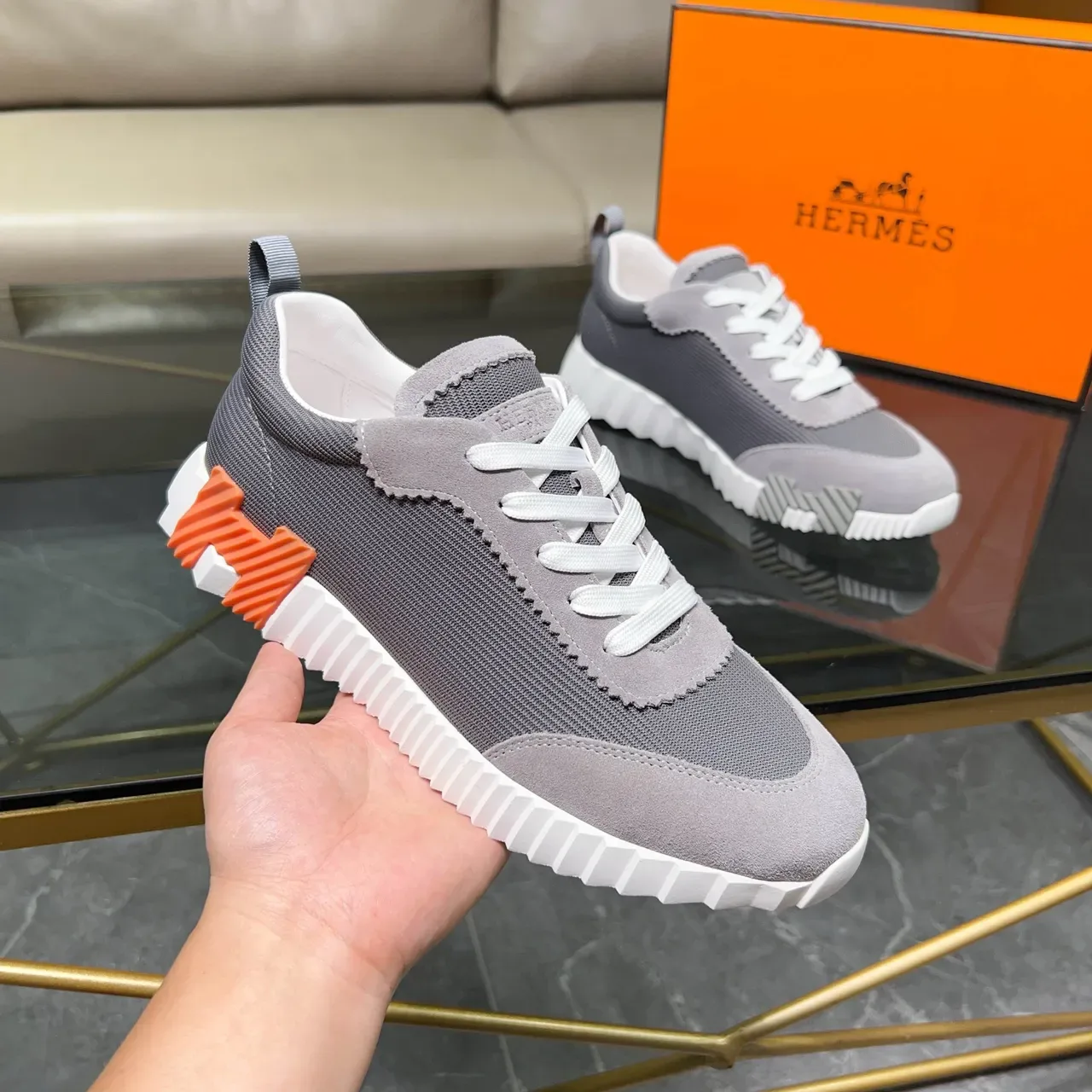 Hermès Gray and Orange Lifestyle Sneakers 7