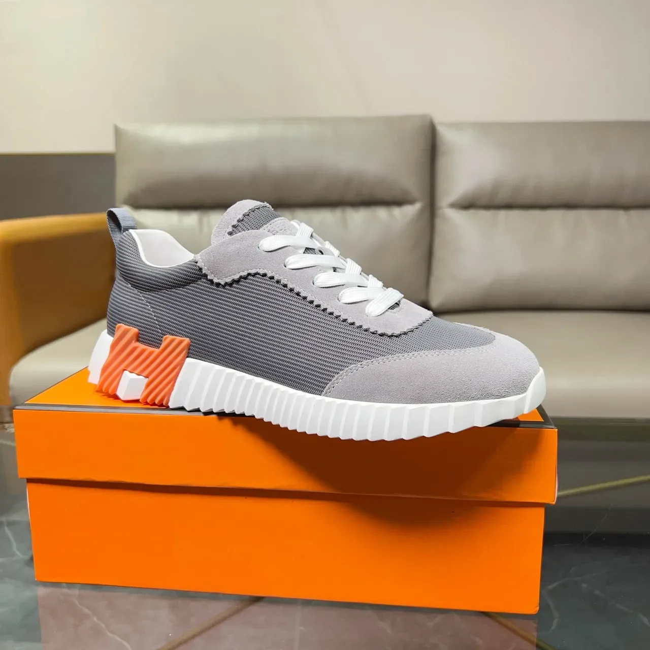 Hermès Gray and Orange Lifestyle Sneakers 8
