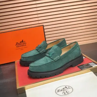 爱马仕 绿色黑色 麂皮鞋面 H-Buckle Hardware 乐福鞋