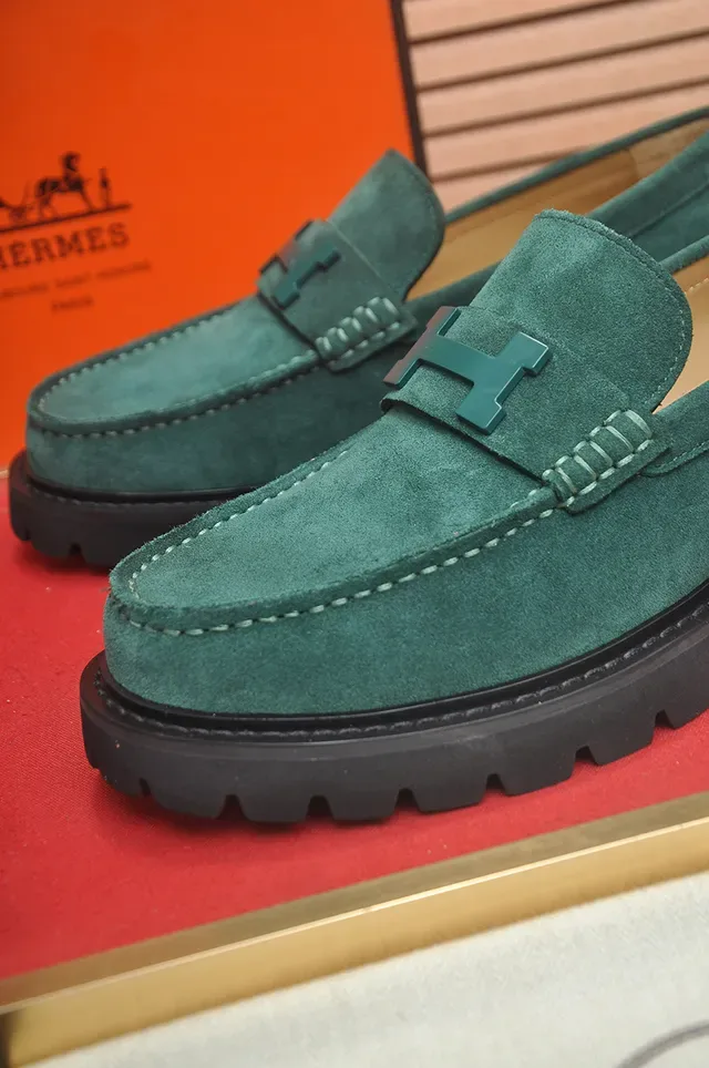 Hermès Green Black Suede Upper H-Buckle Hardware Loafer 2