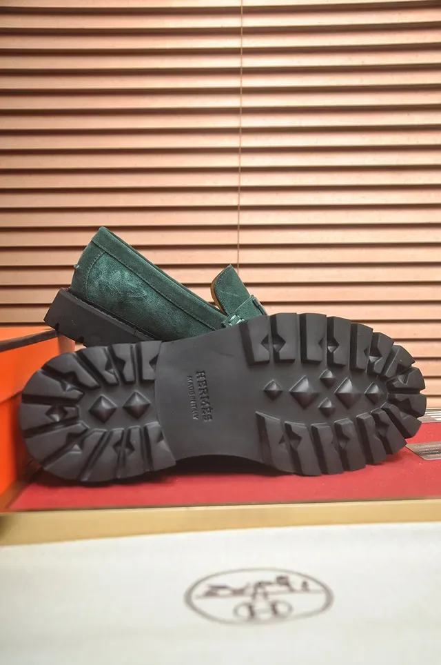 Hermès Green Black Suede Upper H-Buckle Hardware Loafer 3