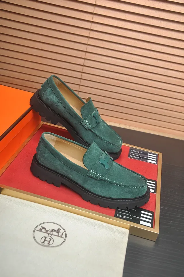Hermès Green Black Suede Upper H-Buckle Hardware Loafer 4