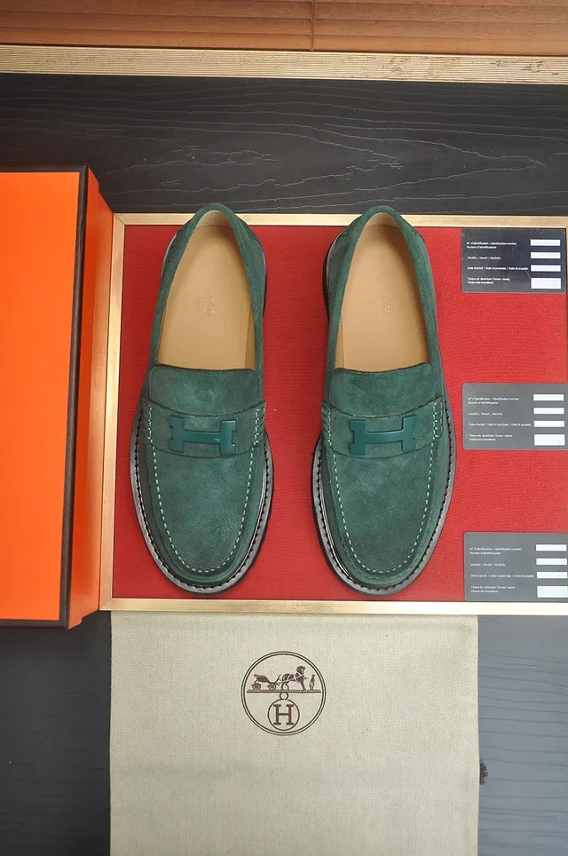 Hermès Green Black Suede Upper H-Buckle Hardware Loafer 5