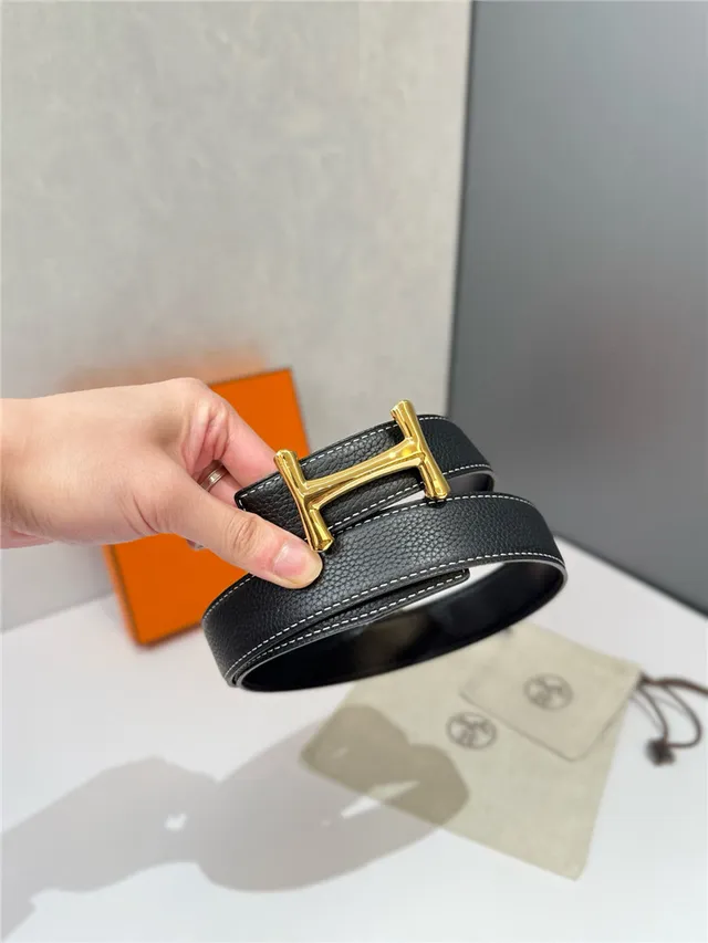 Hermès H Buckle Belt preto bege reversível couro texturizado de metal 22