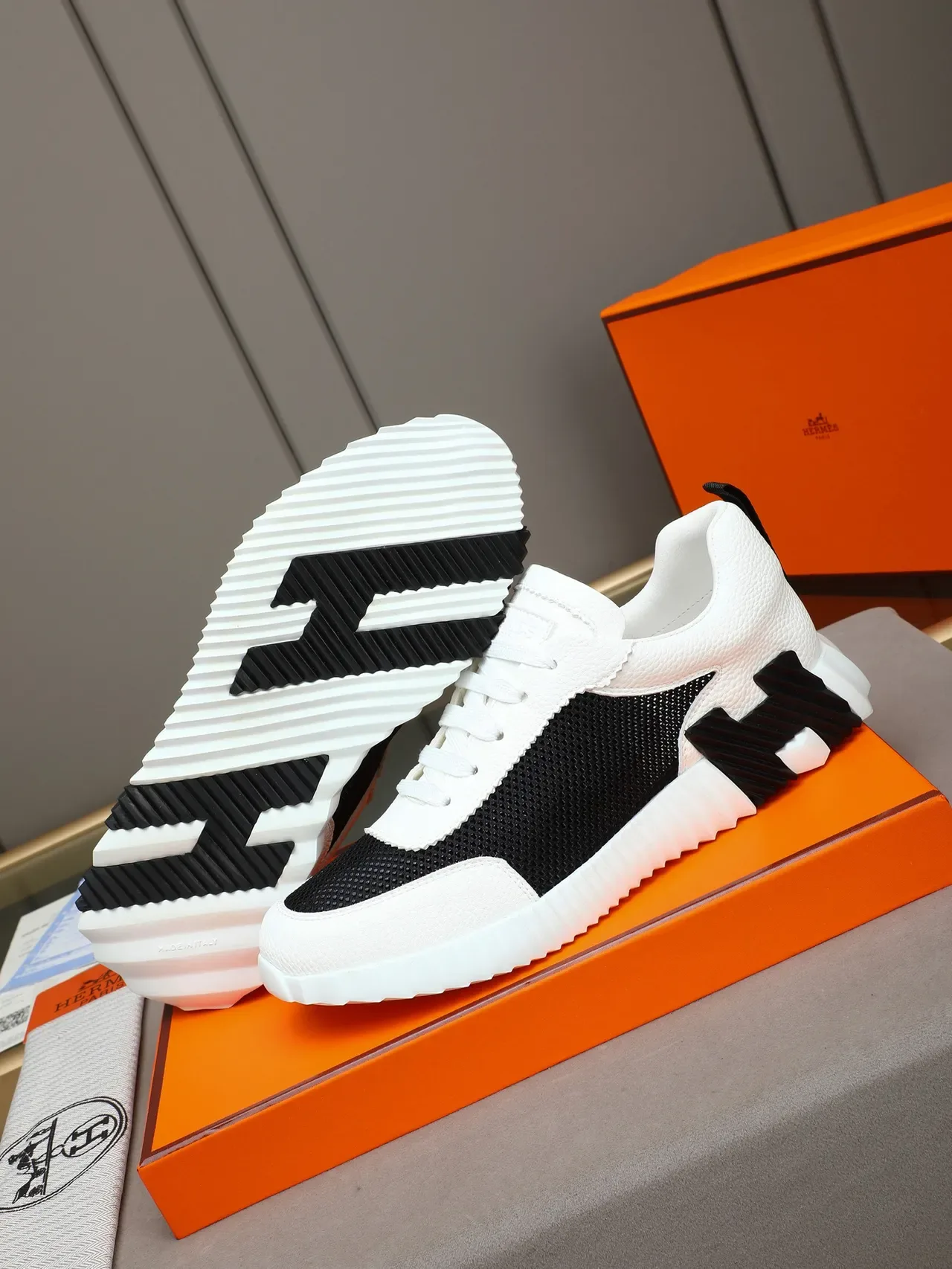 Hermès H Cut White and Black Mesh Leather Sneaker 4