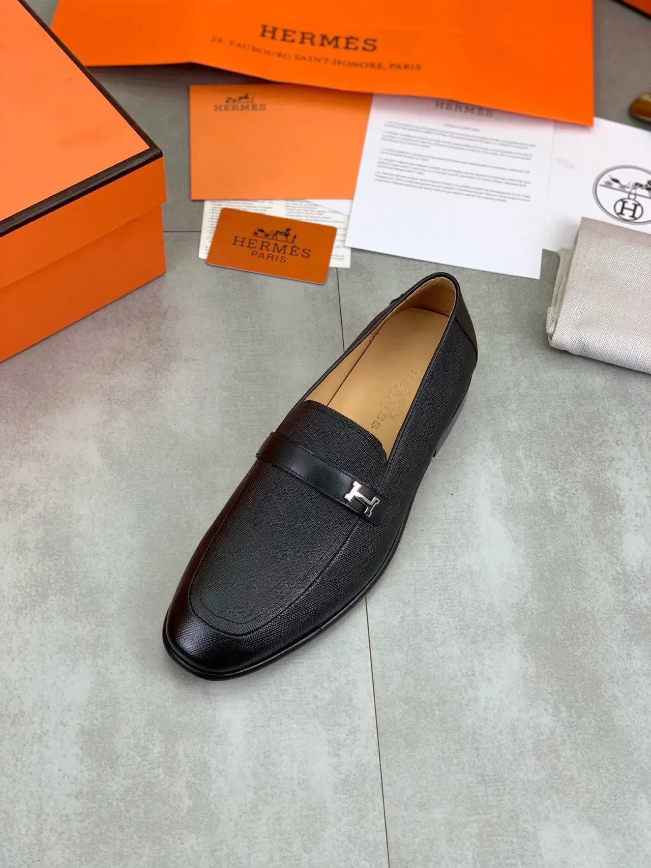 Hermès H Loafer Black Textured Leather Slip-On Loafers 4