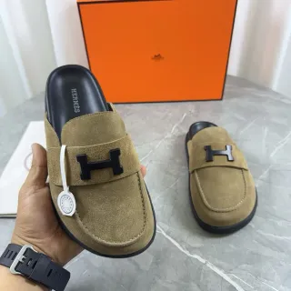 Hermès Oran भूरा काला सुड ऊपरी H-Buckle Strap लोअफर