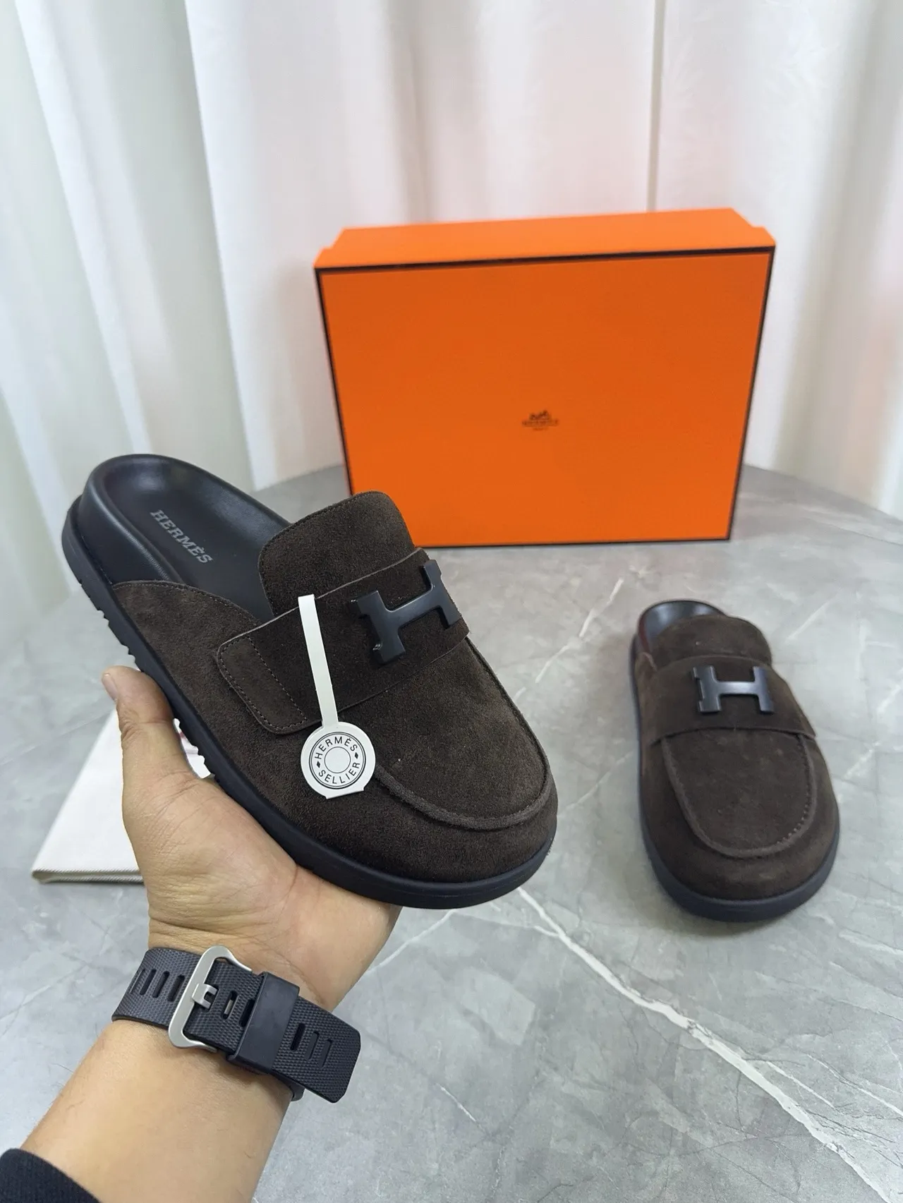 Hermès Oran Brown Suede H-Buckle Loafer 7