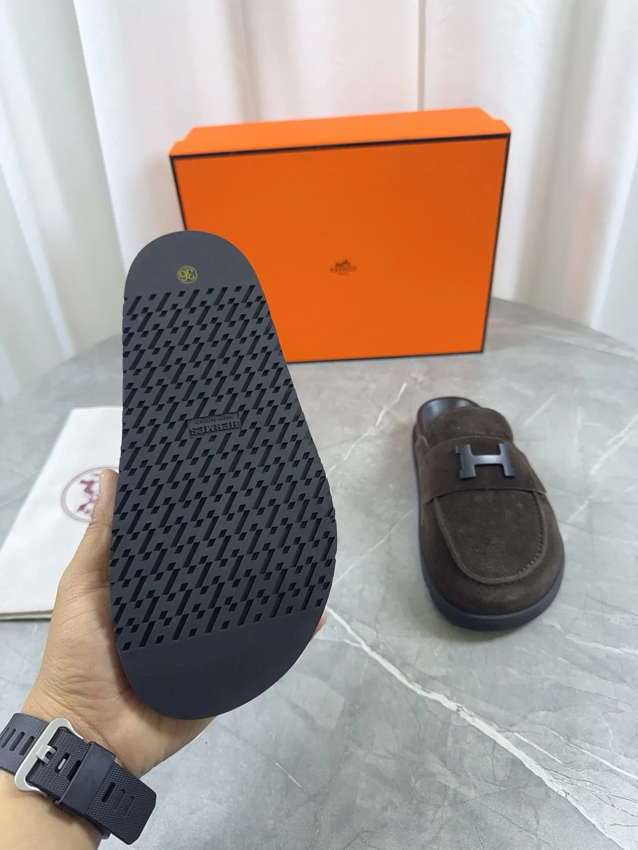 Hermès Oran Brown Suede H-Buckle Loafer 8
