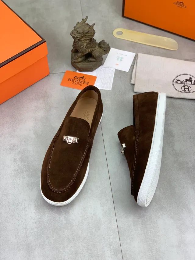 Hermès Oran حذاء لوفير جلد سويد بني أبيض كعب مطاطي 5