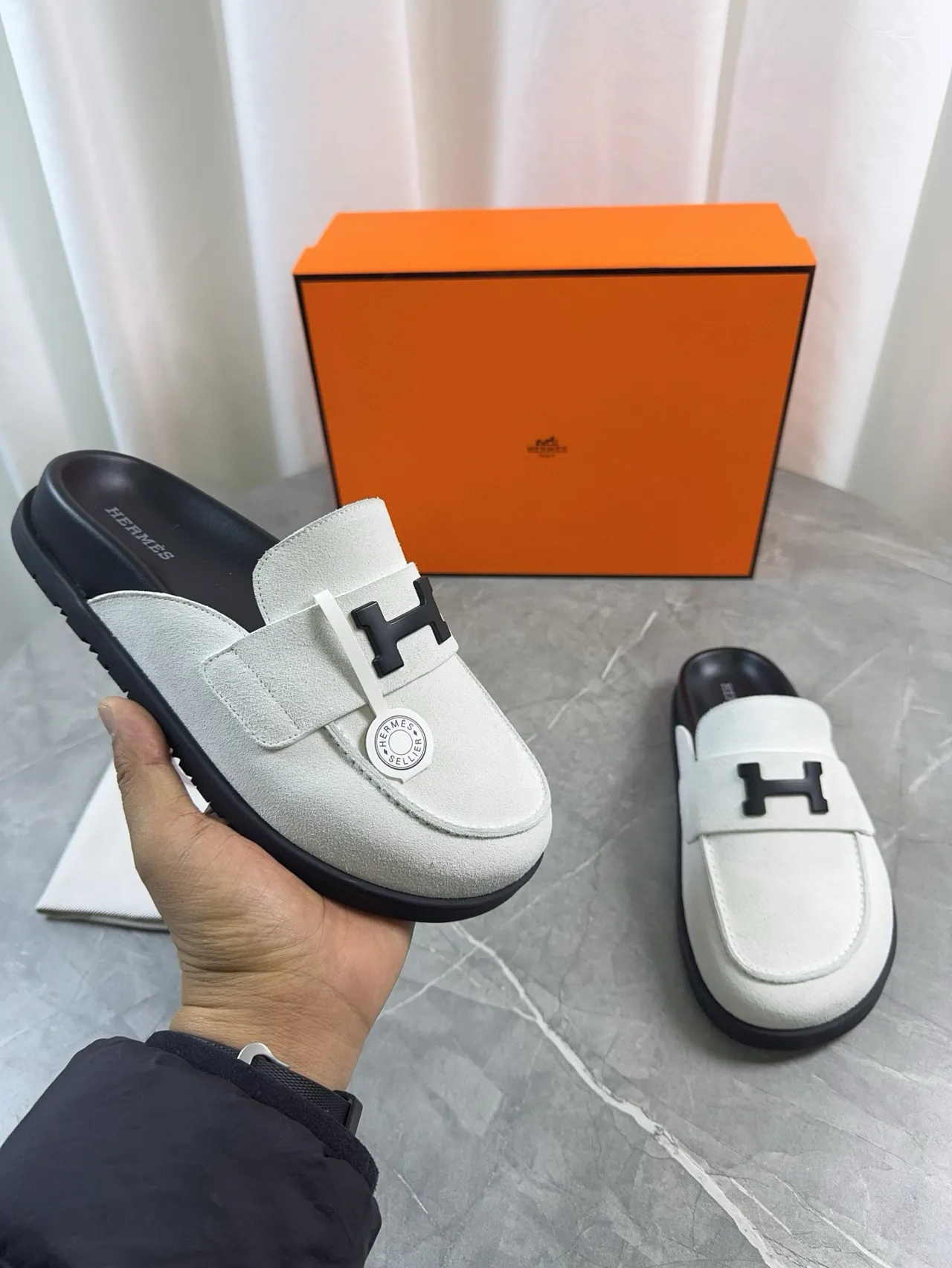 Hermès Oran Loafer Ante blanco Correa H-Logo Mocasín deslizable 7