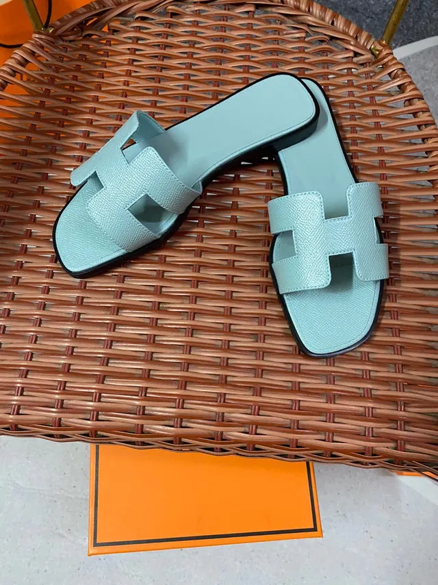 Hermès Oran Mint Blue H-Strap Flat Slippers 4