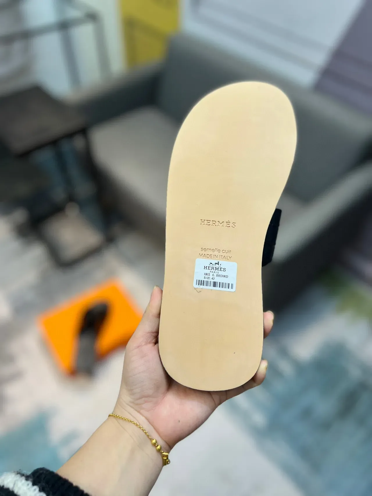 Sandales Hermès Oran Slide Cuir Noir Croc-Embosse 9