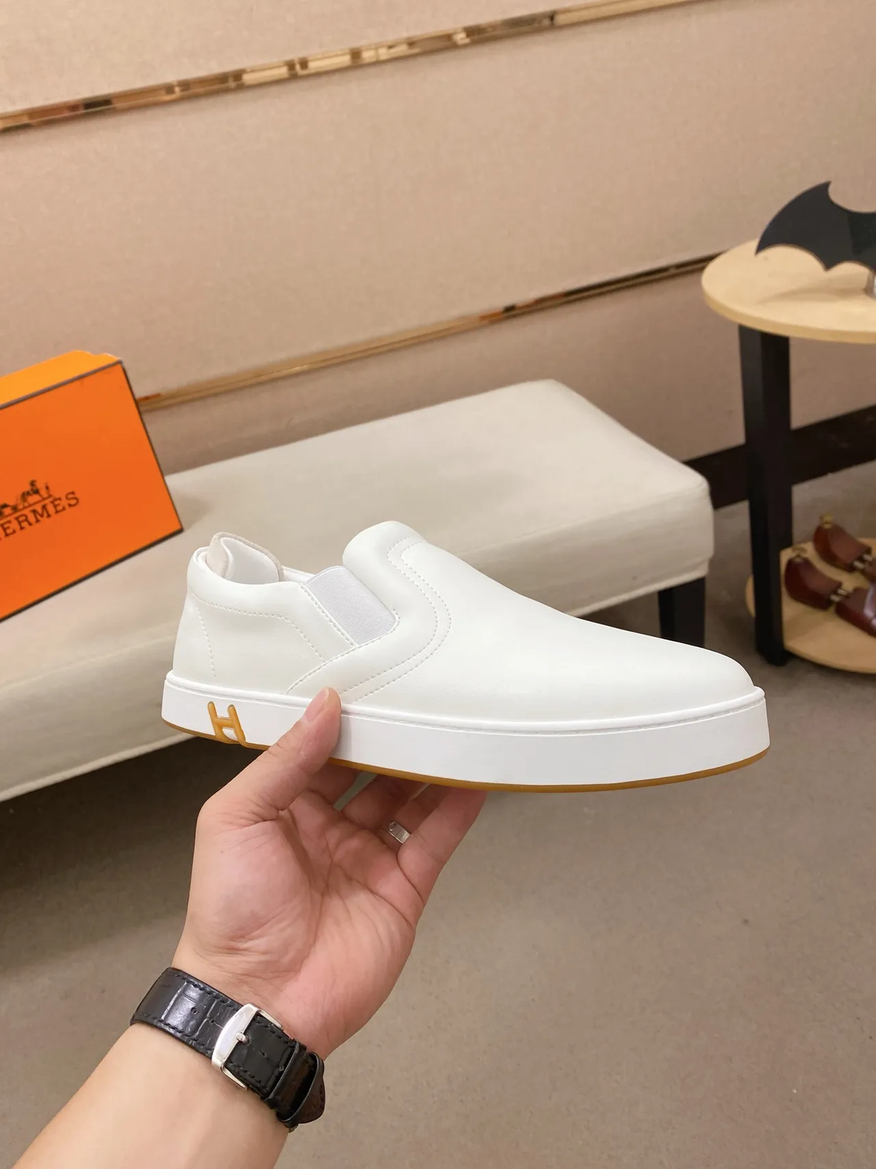 Hermès Oran White Gold Slip-On Clean Leather Lifestyle Sneakers 4