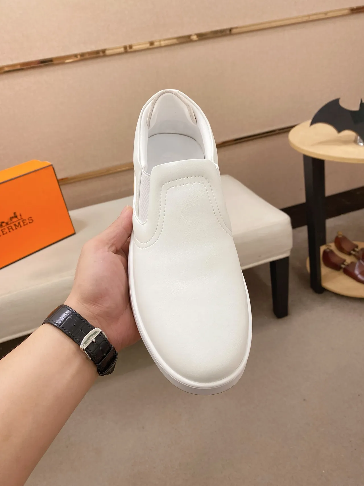 Hermès Oran White Gold Slip-On Clean Leather Lifestyle Sneakers 5