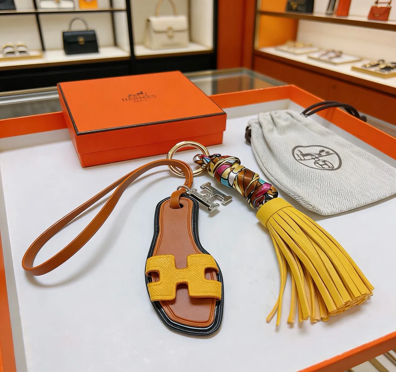 Hermès Oran Yellow Brown H-Shaped Strap Leather Tassel Casual Sandals 3