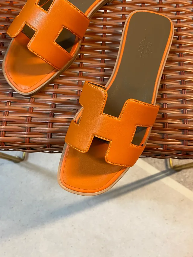 Hermès Orange Brown H-Shaped Strap Flat Sole Slippers 3