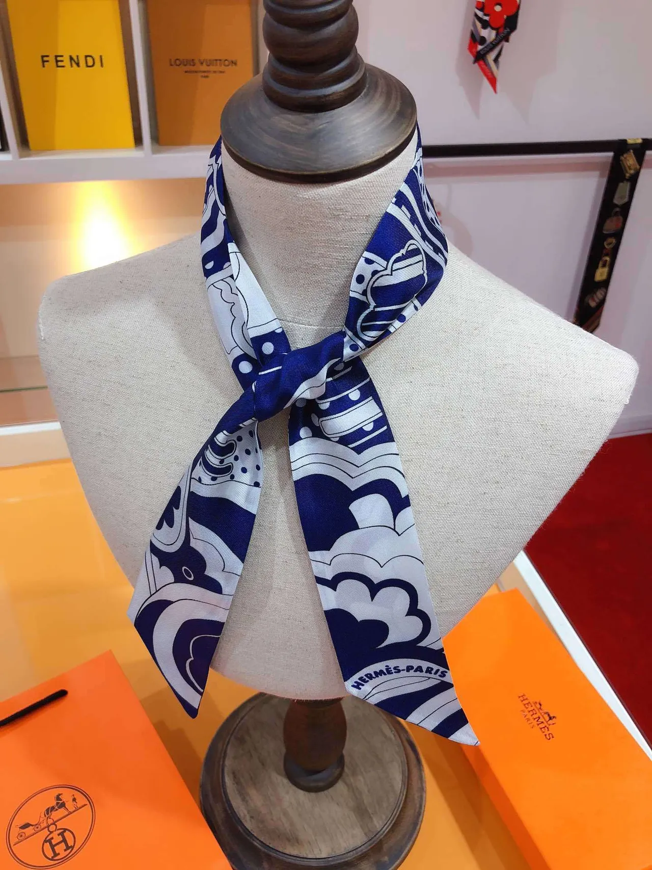 Hermès Twilly 'Rainbow of Fubao Avenue' Navy and White Silk Scarf 2