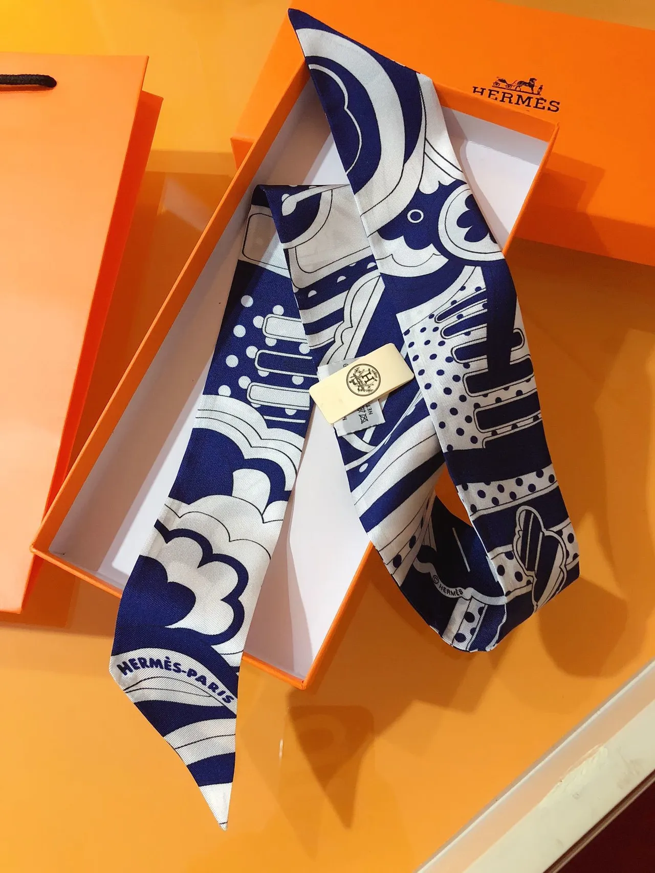 Hermès Twilly 'Rainbow of Fubao Avenue' Navy and White Silk Scarf 5