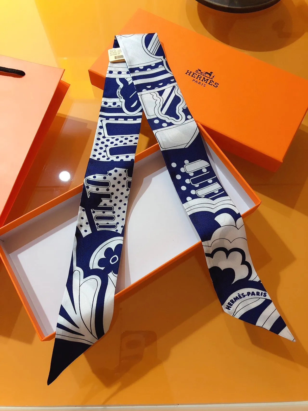 Hermès Twilly 'Rainbow of Fubao Avenue' Navy and White Silk Scarf 6