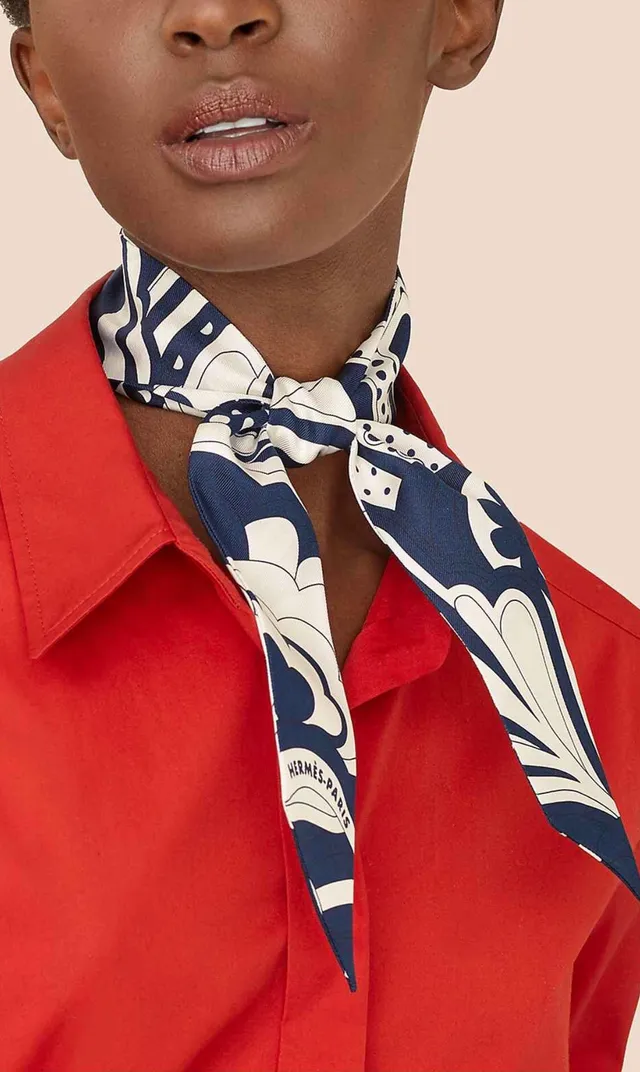 Hermès Twilly 'Rainbow of Fubao Avenue' Navy and White Silk Scarf 9