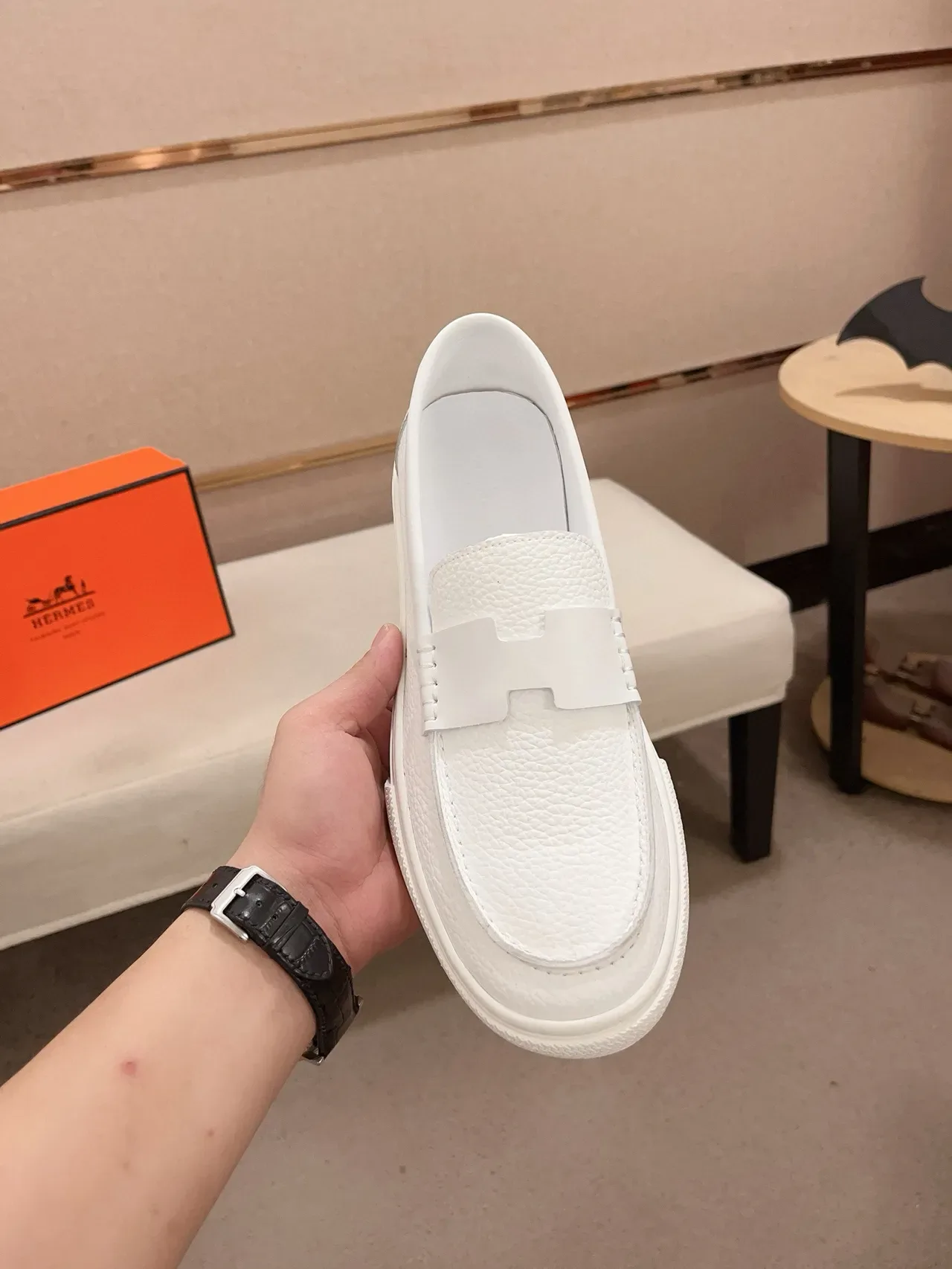 爱马仕 白 粒面皮革 带 乐福鞋 5