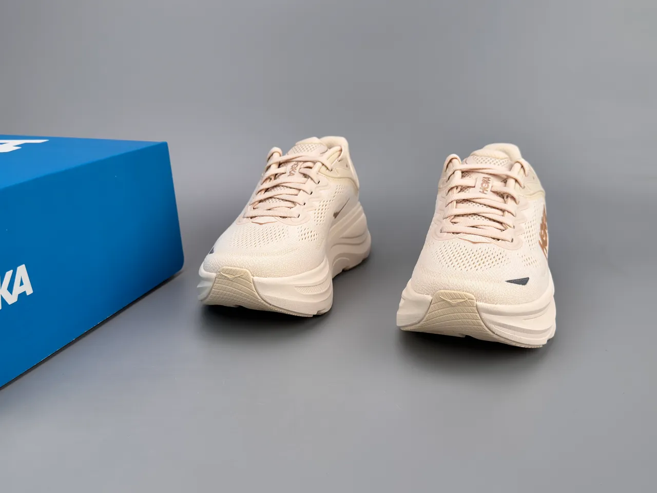 Hoka Beige Gold Engineered Knit Upper Thick Cushioned Midsole Running Shoes 3