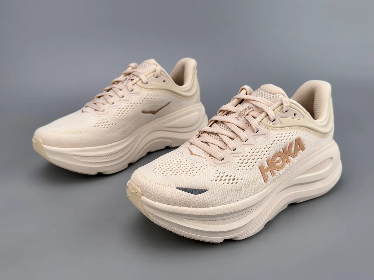 Hoka Beige Gold Engineered Knit Upper Thick Cushioned Midsole Running Shoes 5