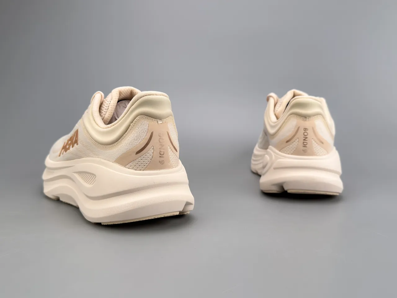 Hoka Beige Gold Engineered Knit Upper Thick Cushioned Midsole Running Shoes 6