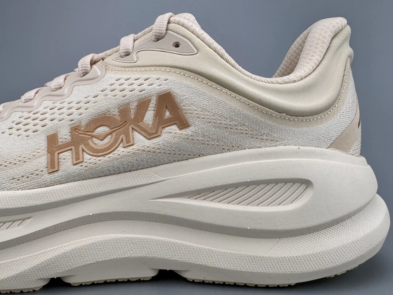 Hoka Beige Gold Engineered Knit Upper Thick Cushioned Midsole Running Shoes 7