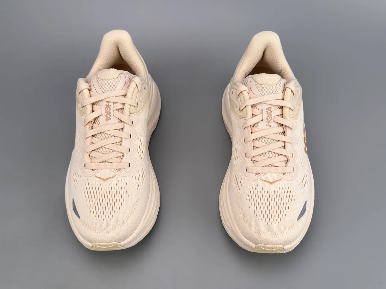 Hoka Beige Gold Engineered Knit Upper Thick Cushioned Midsole Running Shoes 9