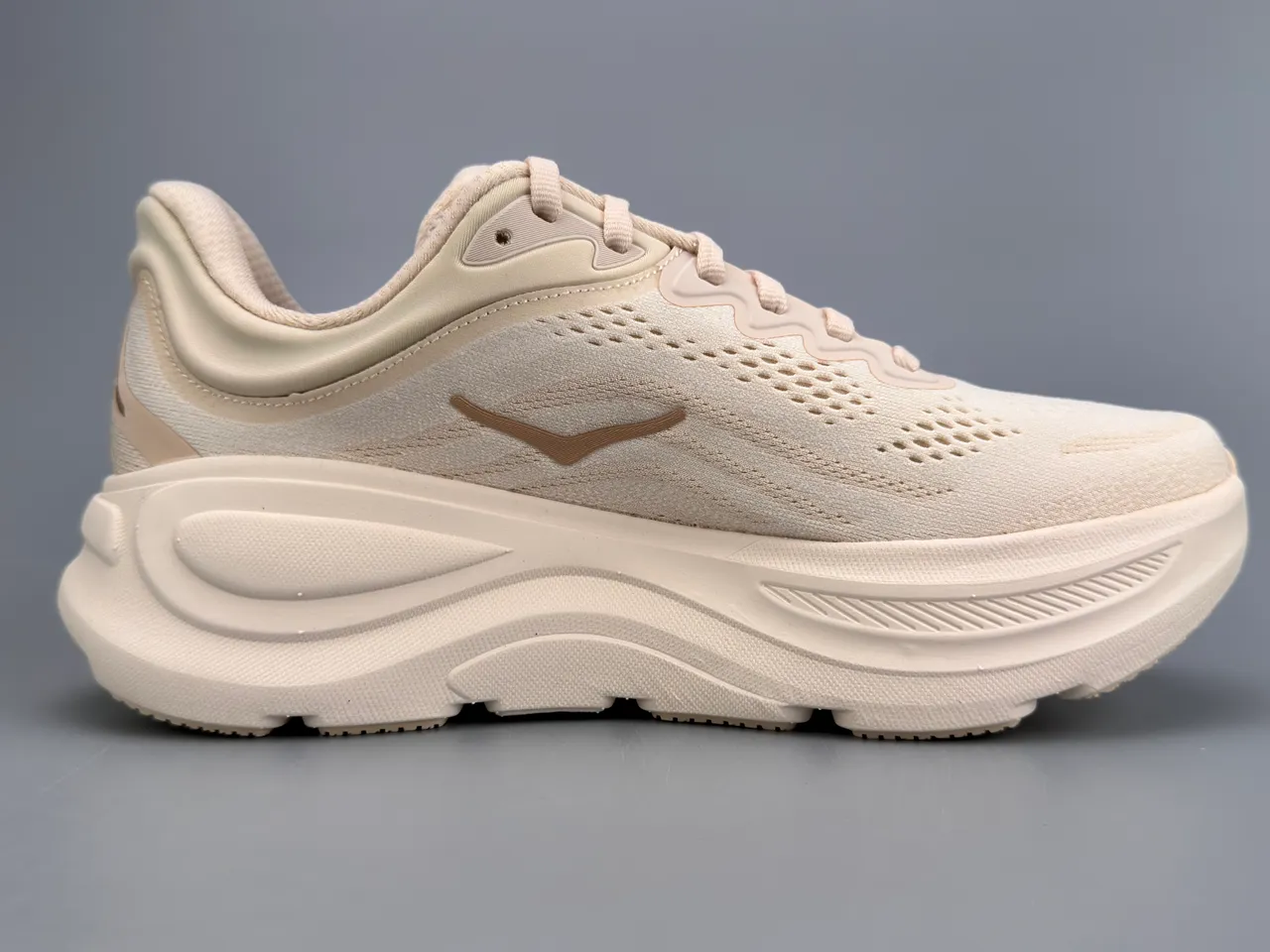 Hoka Beige Gold Engineered Knit Upper Thick Cushioned Midsole Running Shoes 10