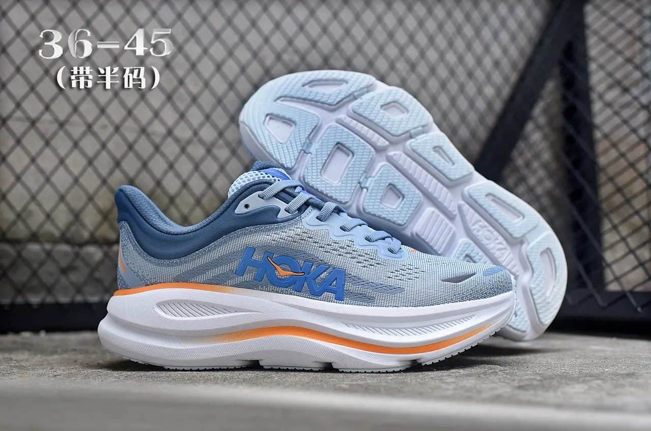 Hoka Blue Navy Engineered Mesh Upper Thick White Midsole Running Shoes 7