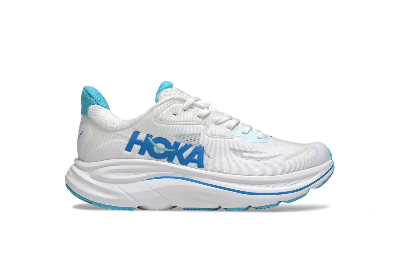 Hoka أبيض أزرق هندسي نسيج علوة منحوت وسط كعب أحذية جري 2