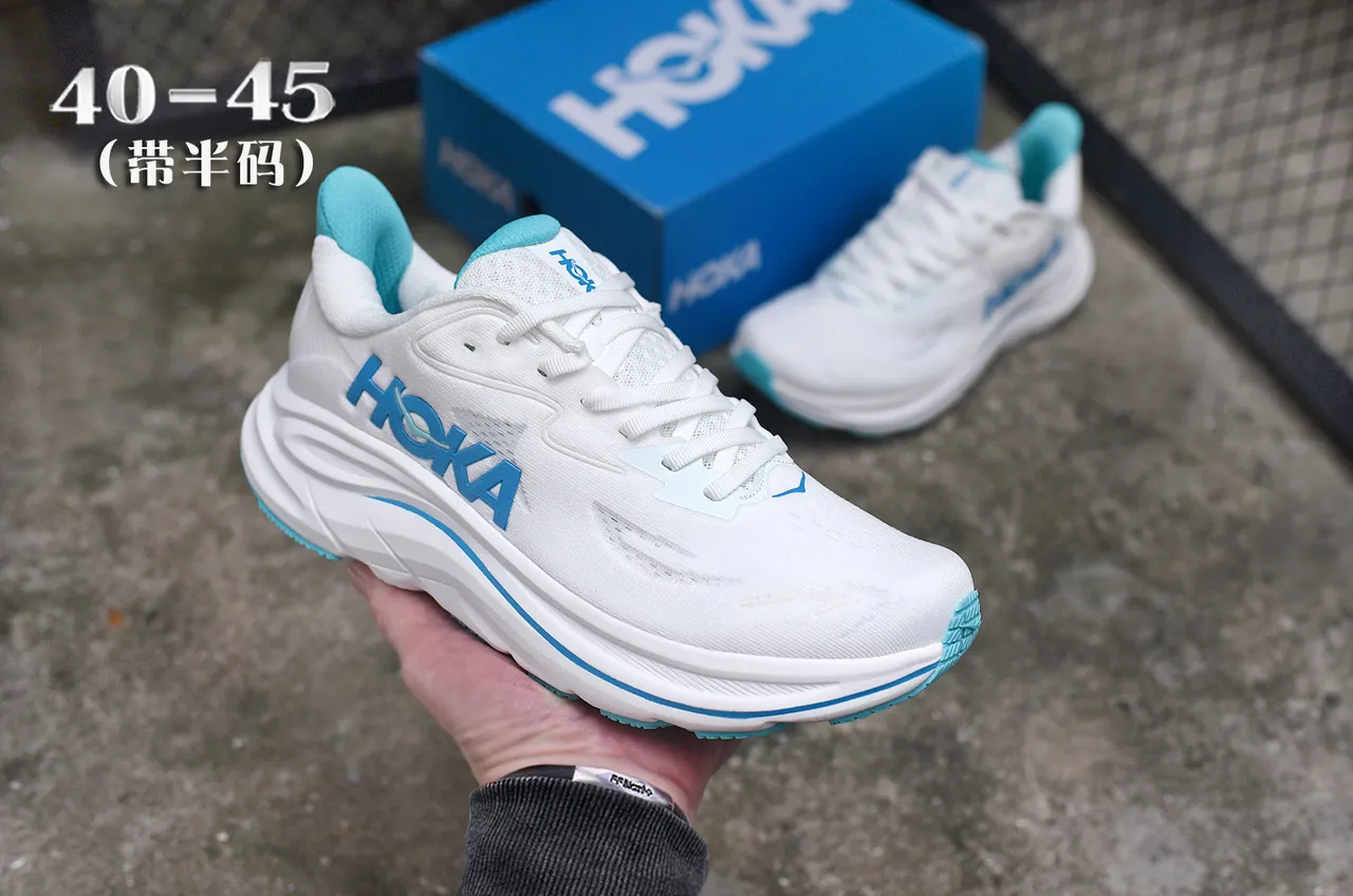 Hoka أبيض أزرق هندسي نسيج علوة منحوت وسط كعب أحذية جري 3