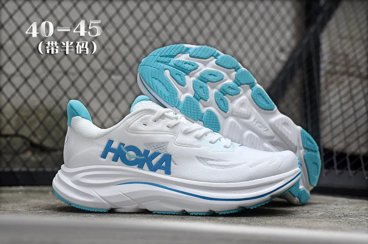Hoka أبيض أزرق هندسي نسيج علوة منحوت وسط كعب أحذية جري 7
