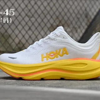 Hoka White Yellow Engineered Knit Upper Thick Cushioned Midsole Running Shoes