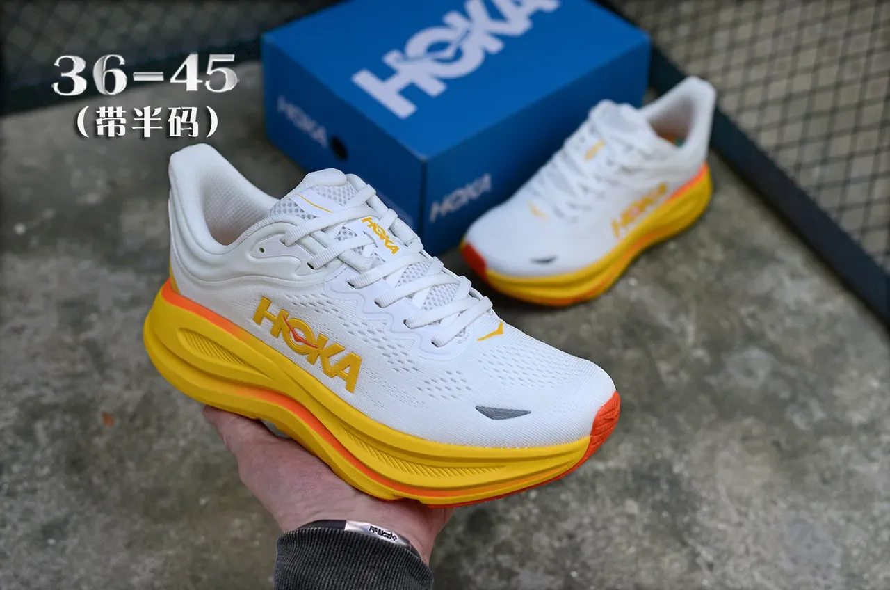 Hoka Blanco Amarillo Upper Knit Ingenieril Engrosado Amortiguado Media Suela Zapatillas de correr 3