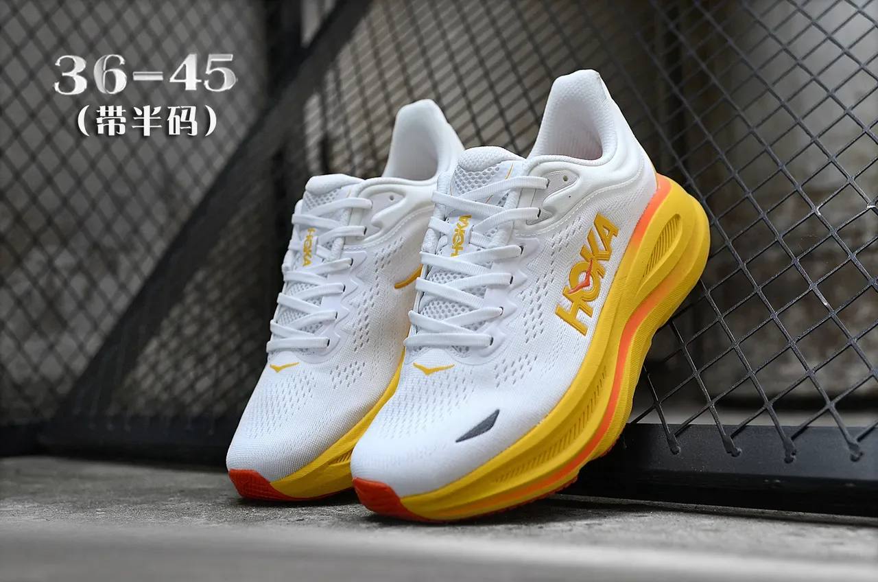 Hoka Blanco Amarillo Upper Knit Ingenieril Engrosado Amortiguado Media Suela Zapatillas de correr 4