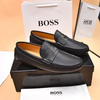 Hugo Boss Negro Marrón Cuero Granulado Correa Penny Mocasín