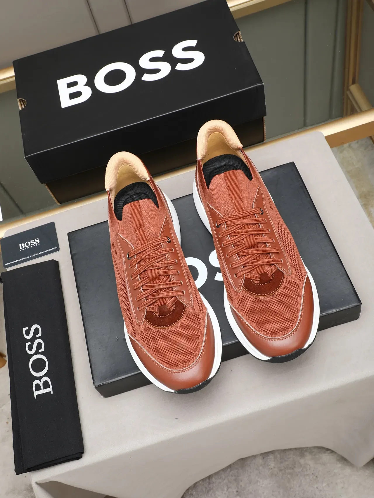 Hugo Boss Chaussures de sport plateforme en maille et cuir marron 2