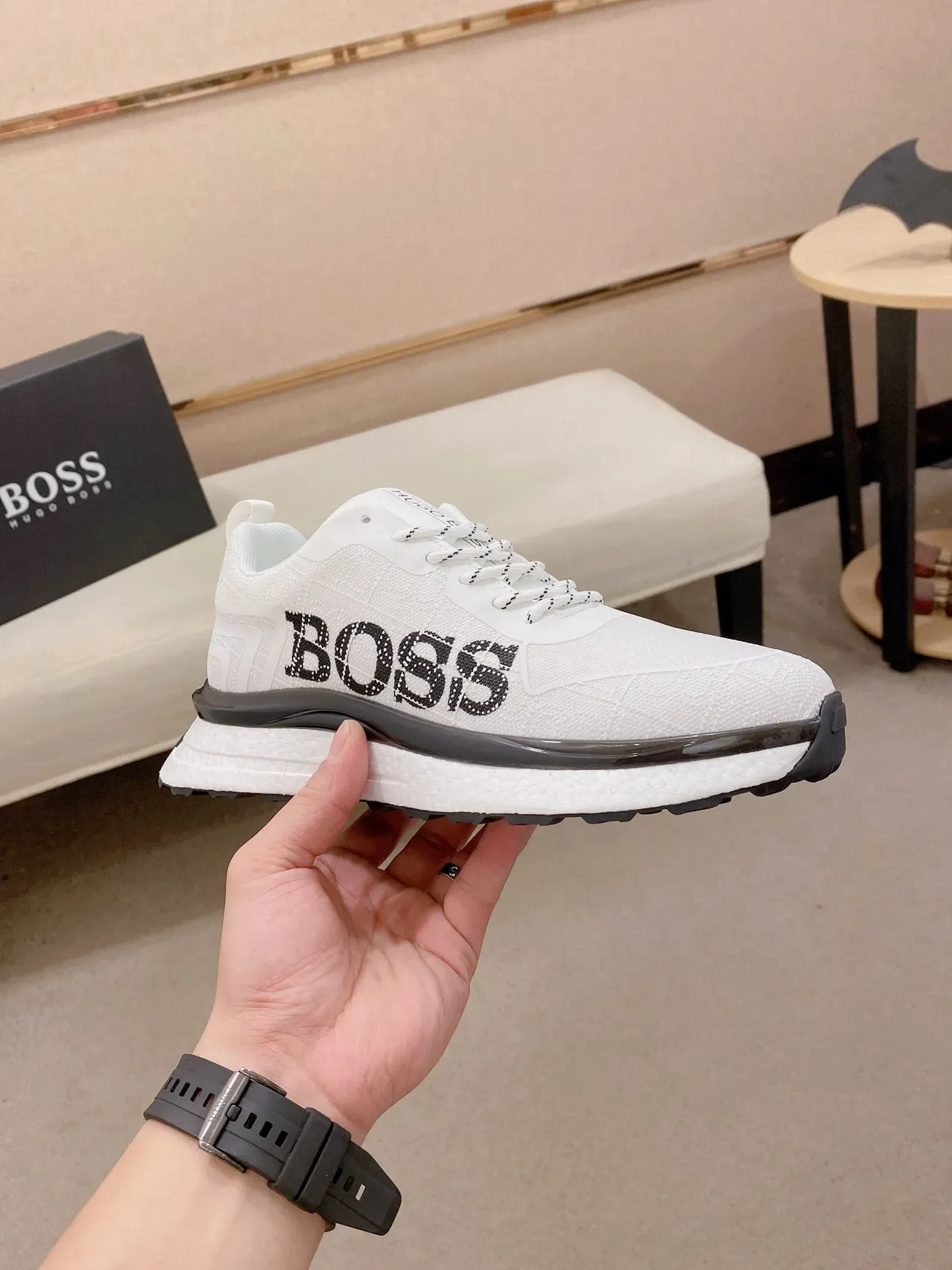 Hugo Boss White Black Knit Mesh Upper Bold Side Logo Lifestyle Sneakers 4