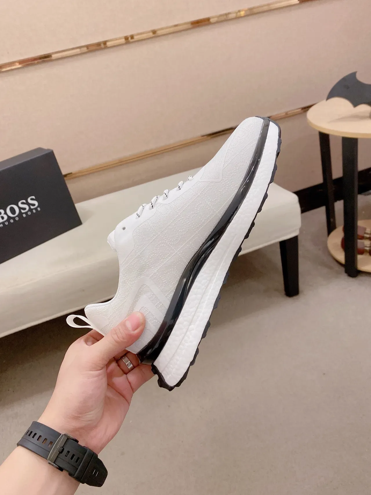 Hugo Boss White Black Knit Mesh Upper Bold Side Logo Lifestyle Sneakers 5