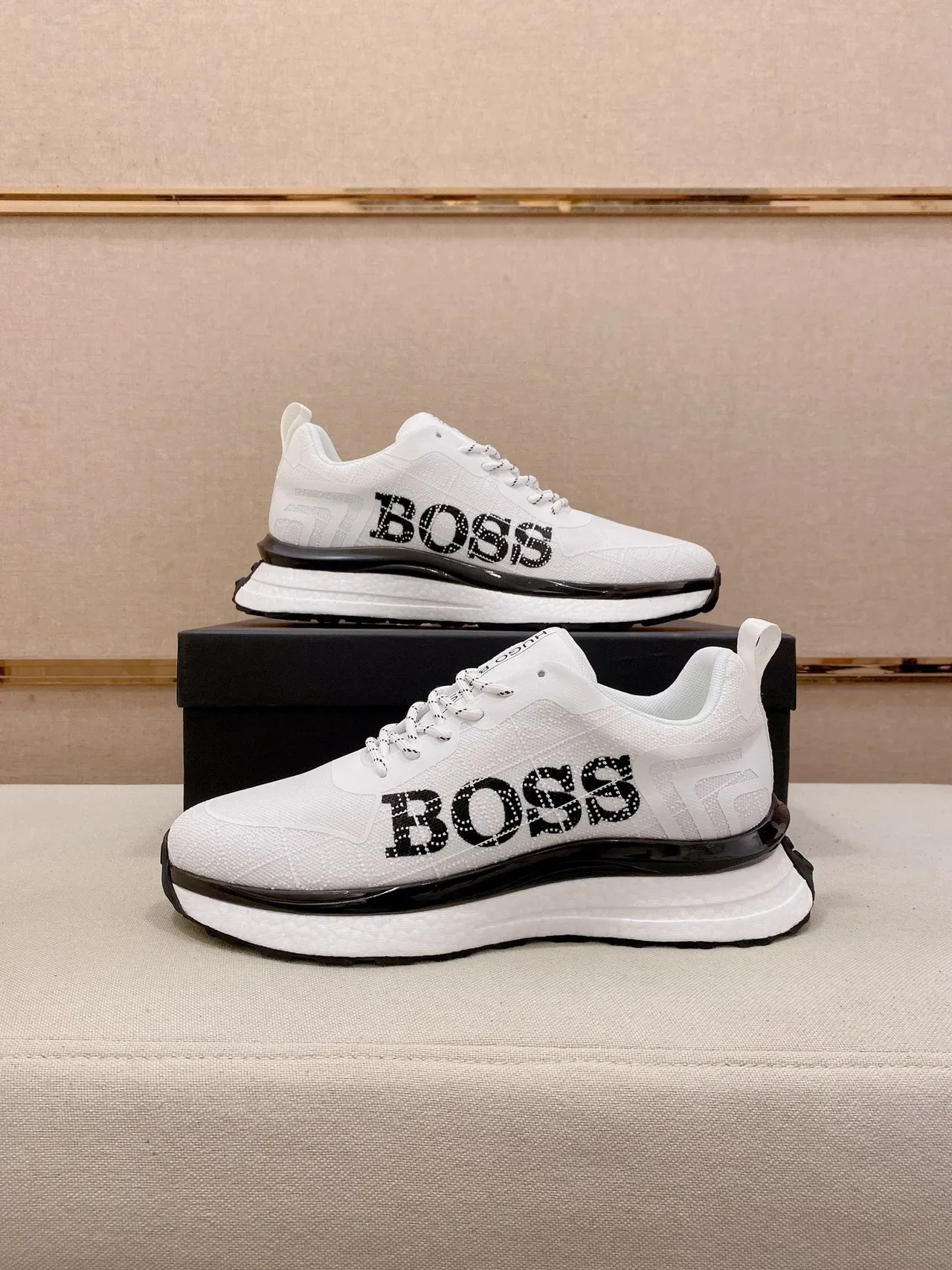 Hugo Boss White Black Knit Mesh Upper Bold Side Logo Lifestyle Sneakers 7