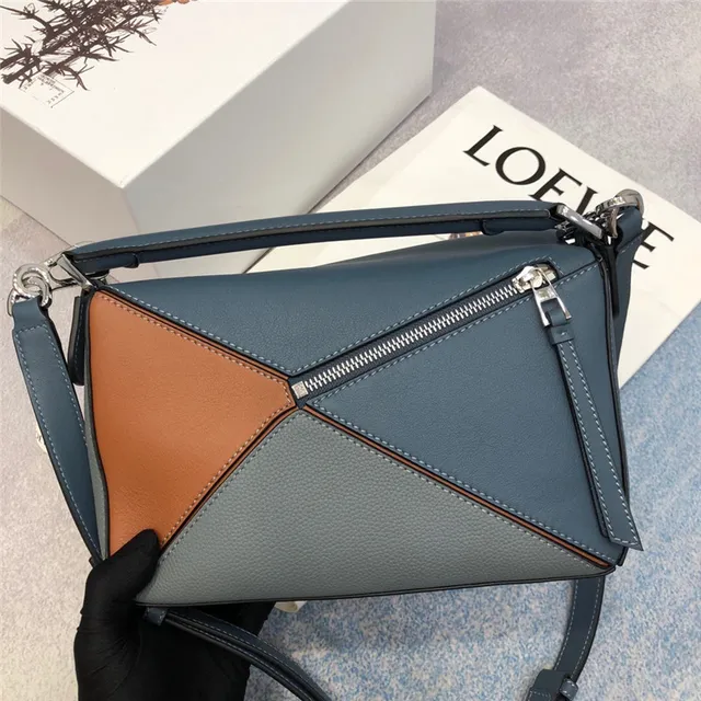 Loewe Puzzle Navy Brown Geometric Panelled Asymmetrical Flap Handbag 6