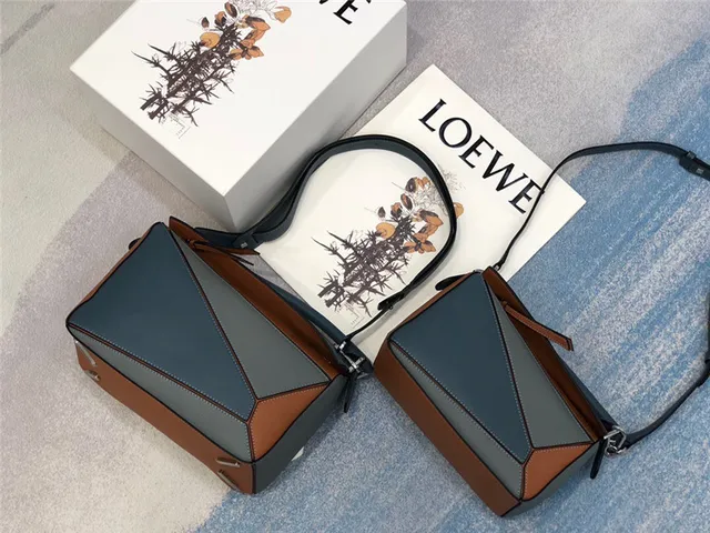 Loewe Puzzle Navy Brown Geometric Panelled Asymmetrical Flap Handbag 10