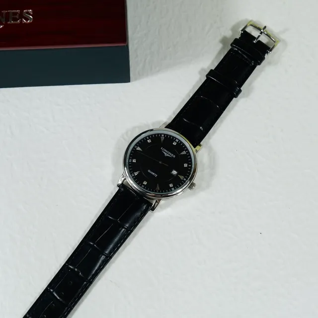 Longines Noir Argent Montre Classique Robe Cadran Quartz 6