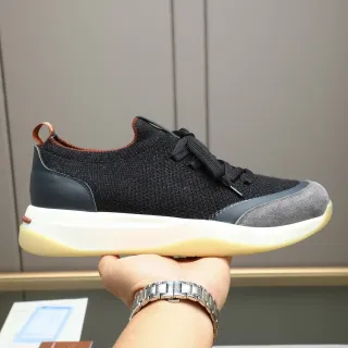Loro Piana 黑色灰色针织上层分层皮革/麂皮覆盖运动鞋